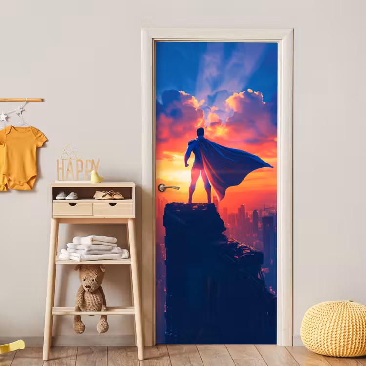 Deursticker - Superheld - Stad - Jongens - Kleurrijk - Zon — 6