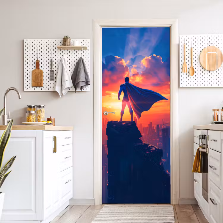 Deursticker - Superheld - Stad - Jongens - Kleurrijk - Zon — 7