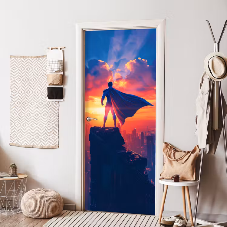 Deursticker - Superheld - Stad - Jongens - Kleurrijk - Zon — 8