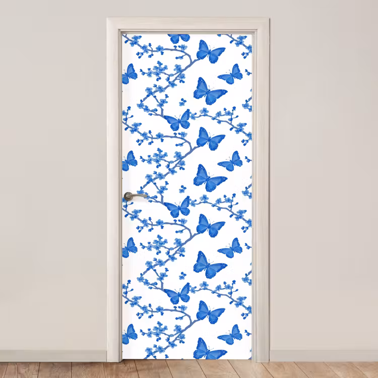 Deursticker - Vlinder - Bloemen - Blauw — 1