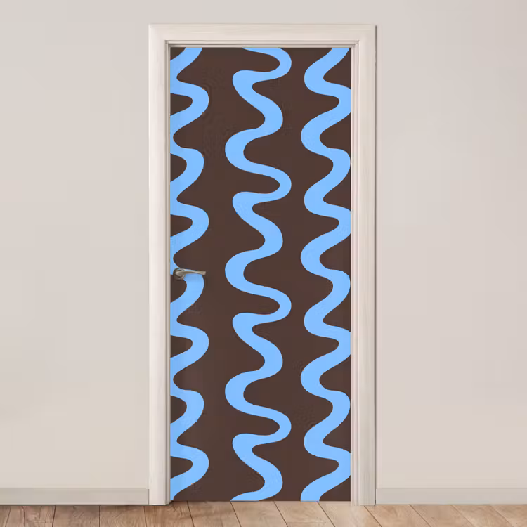 Deursticker - Kronkelende lijnen - Blauw - Bruin - Minimalistisch — 1