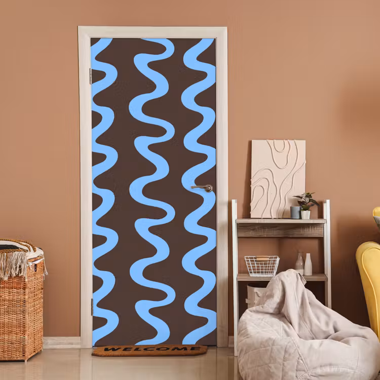 Deursticker - Kronkelende lijnen - Blauw - Bruin - Minimalistisch — 2