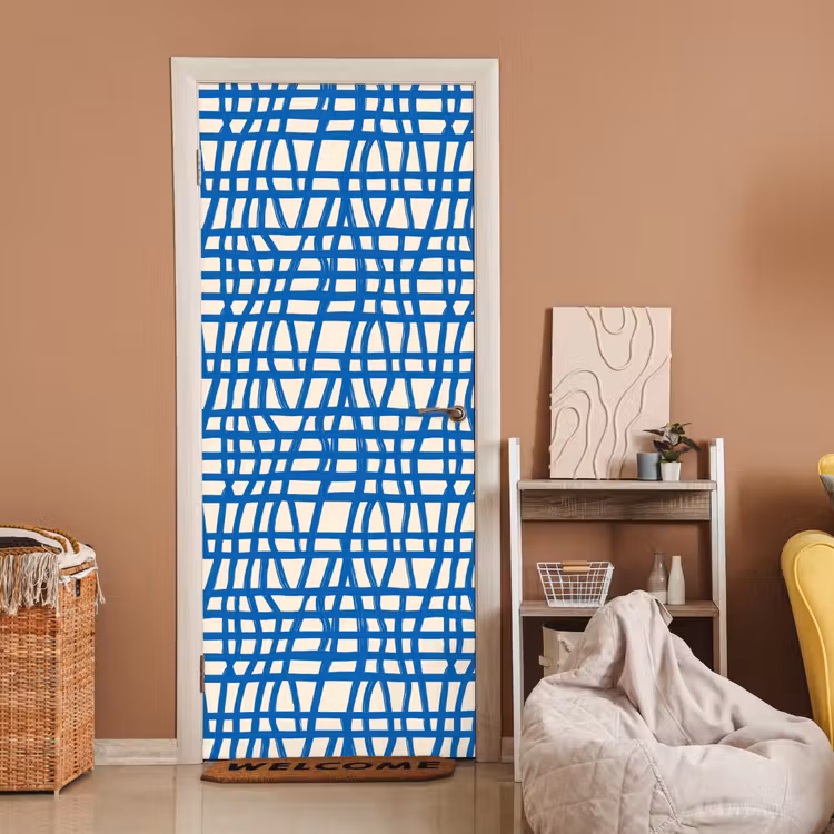 Deursticker - Ruitpatroon - Blauw - Crème — 2