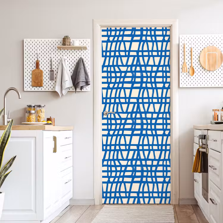 Deursticker - Ruitpatroon - Blauw - Crème — 7
