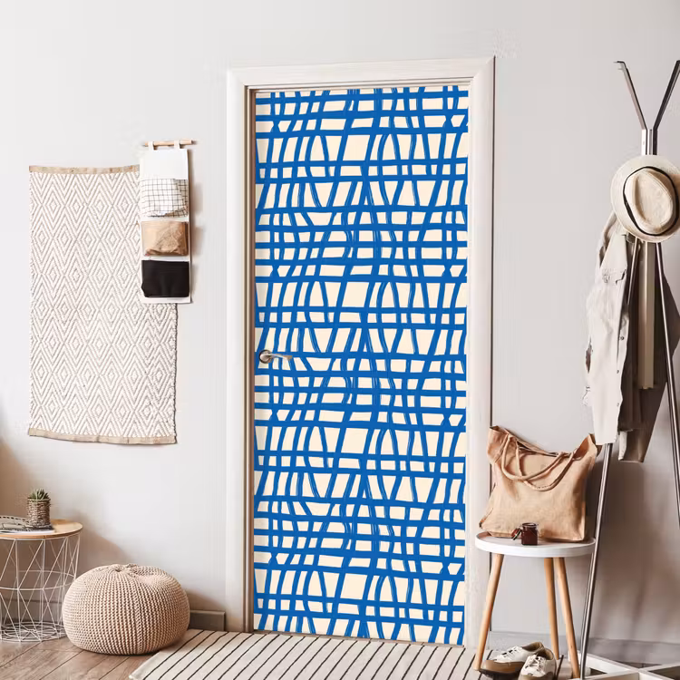 Deursticker - Ruitpatroon - Blauw - Crème — 8