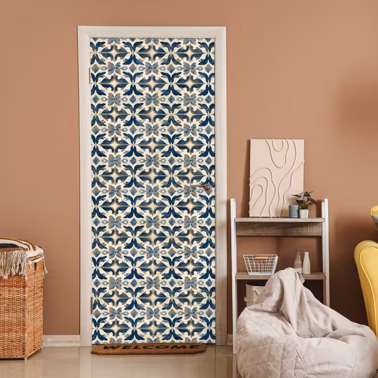 Deursticker - Tegel - Patroon - Blauw - Beige — 2