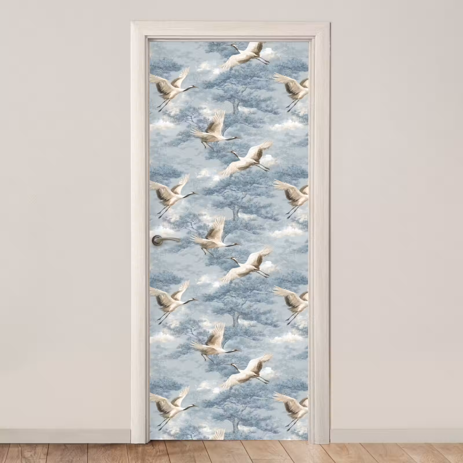 Deursticker - Wolken - Kraanvogels - Blauw — 1