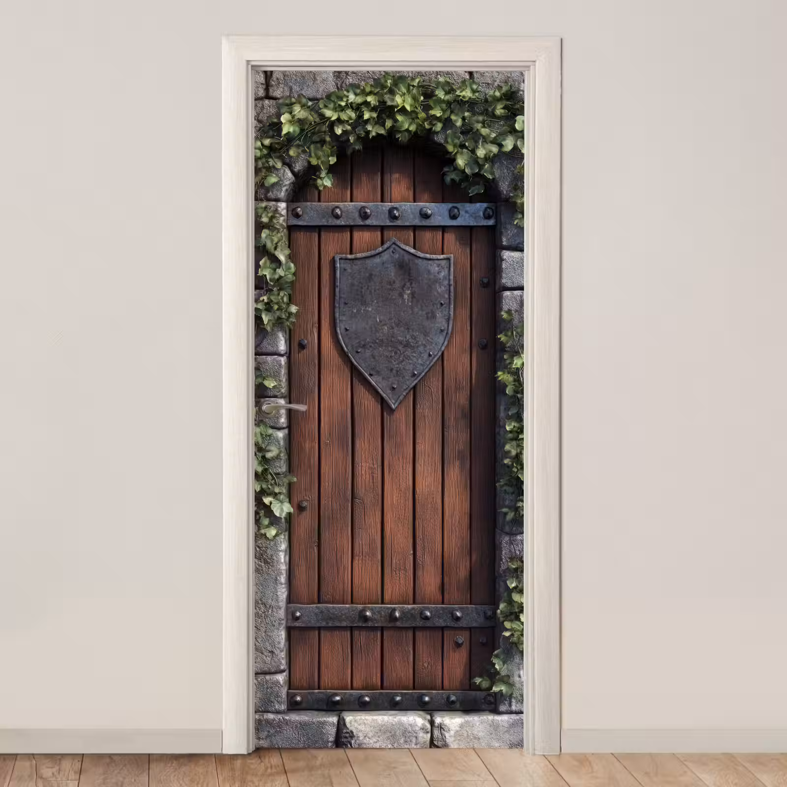 Deursticker - Kasteeldeur - Bruin - Stenen - Hout - Klimop — 1