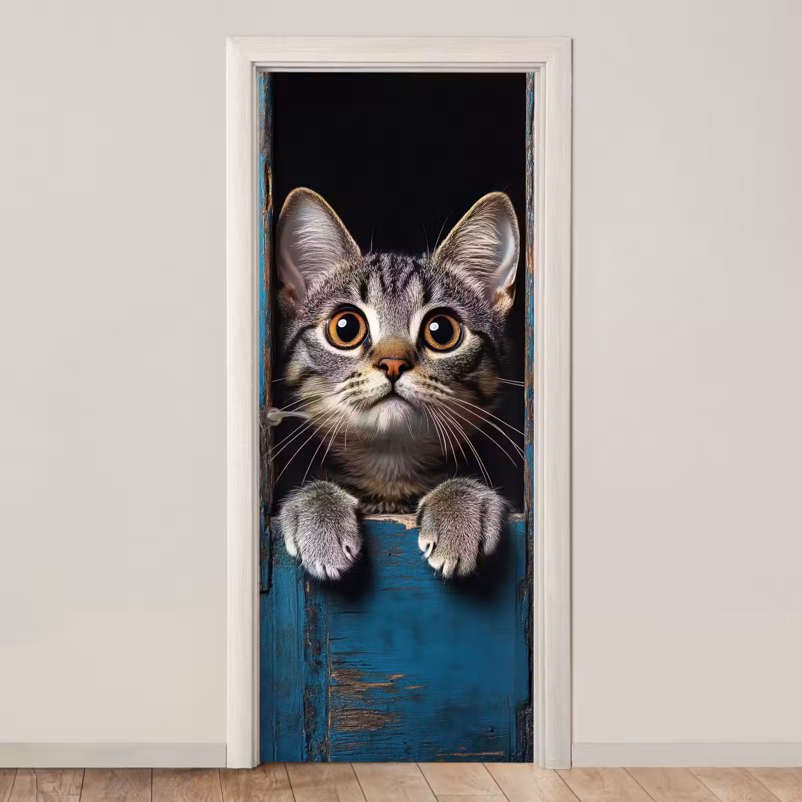 Deursticker - Kat - Doorkijk - Hout - Dieren - Blauw — 1