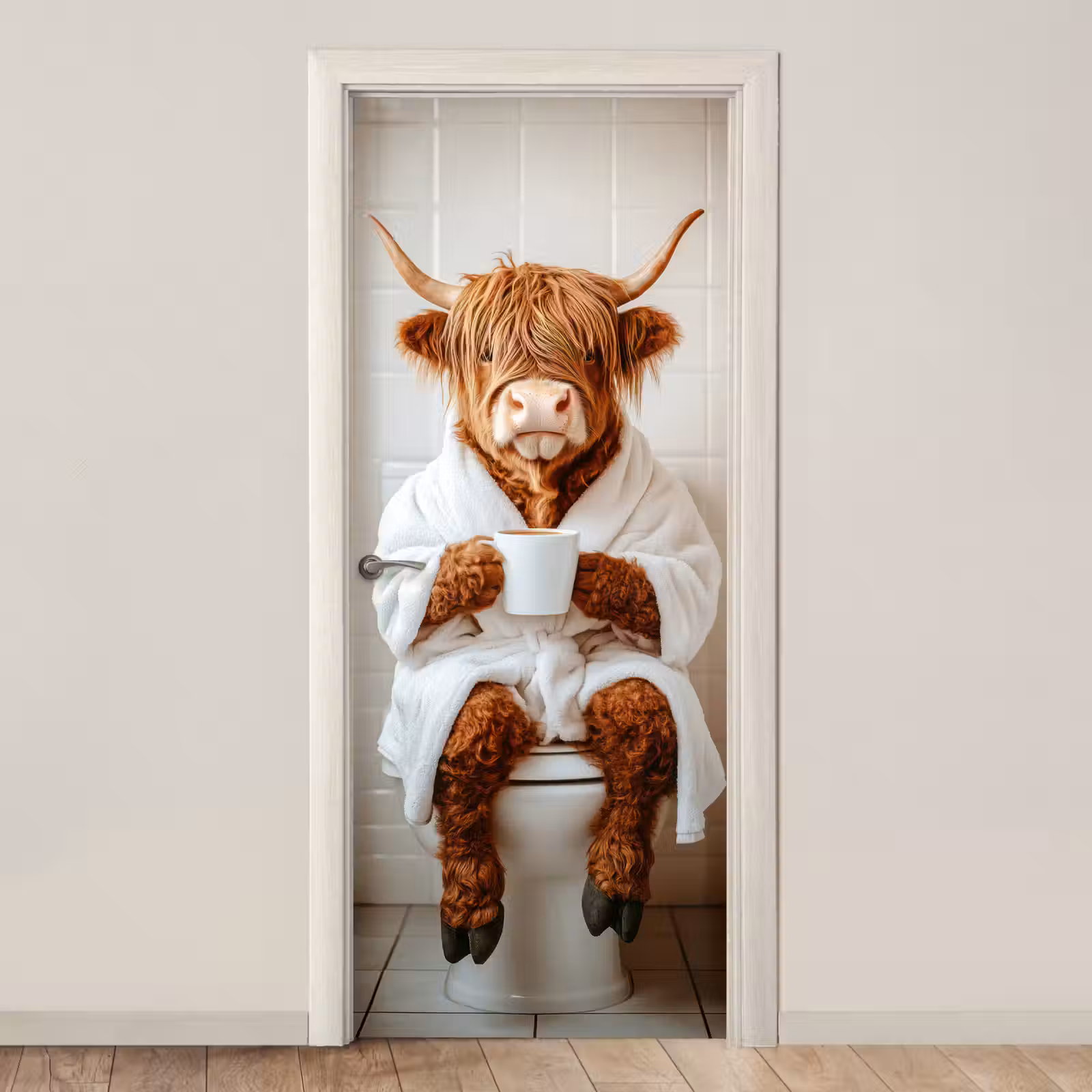 Deursticker - Schotse Hooglander - WC - Badjas - Modern - Dieren — 1