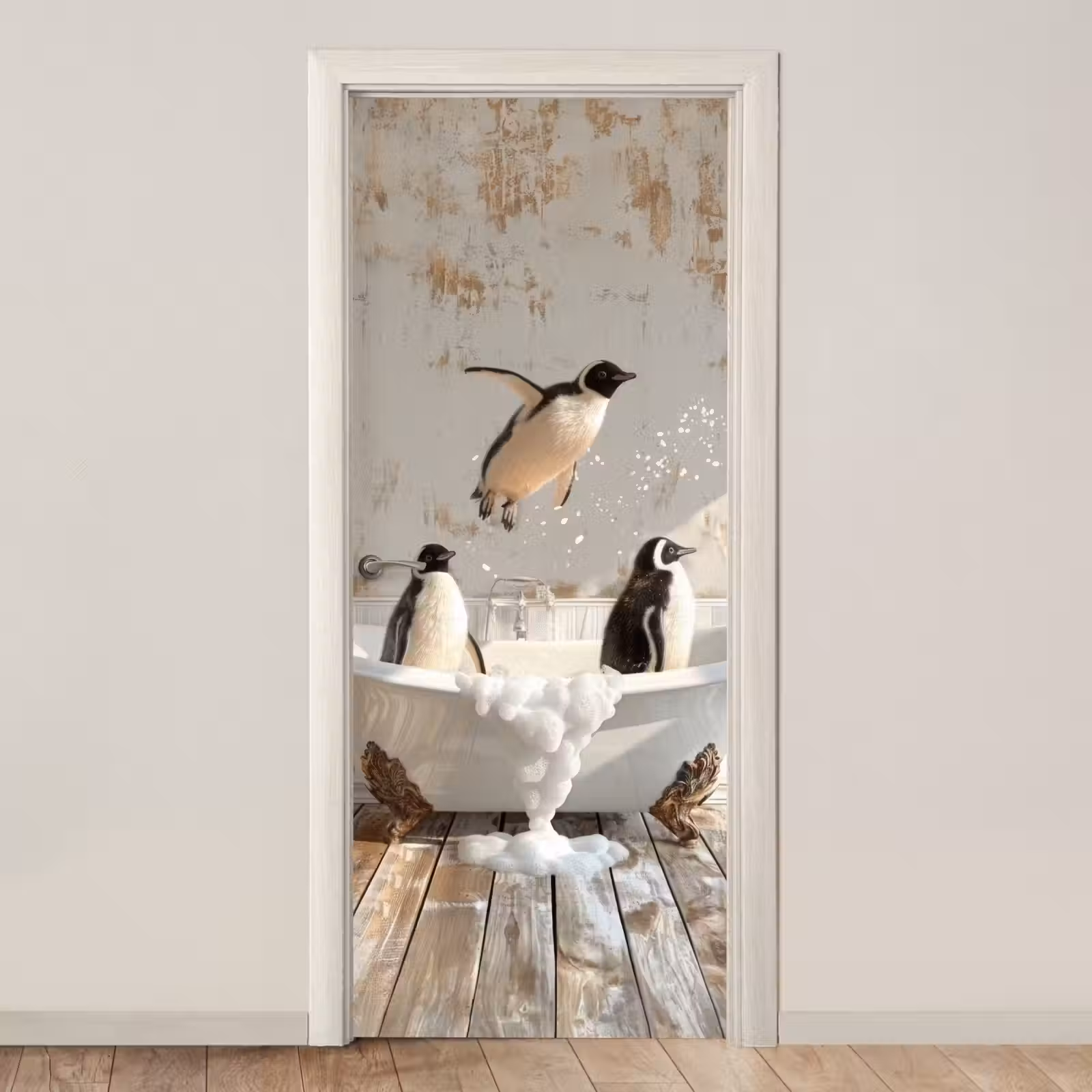 Deursticker - Vintage - Pinguïn - Badkuip - Schuim — 1
