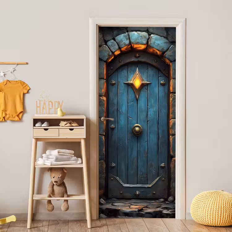 Deursticker - Kasteeldeur - Blauw - Stenen - Hout — 6