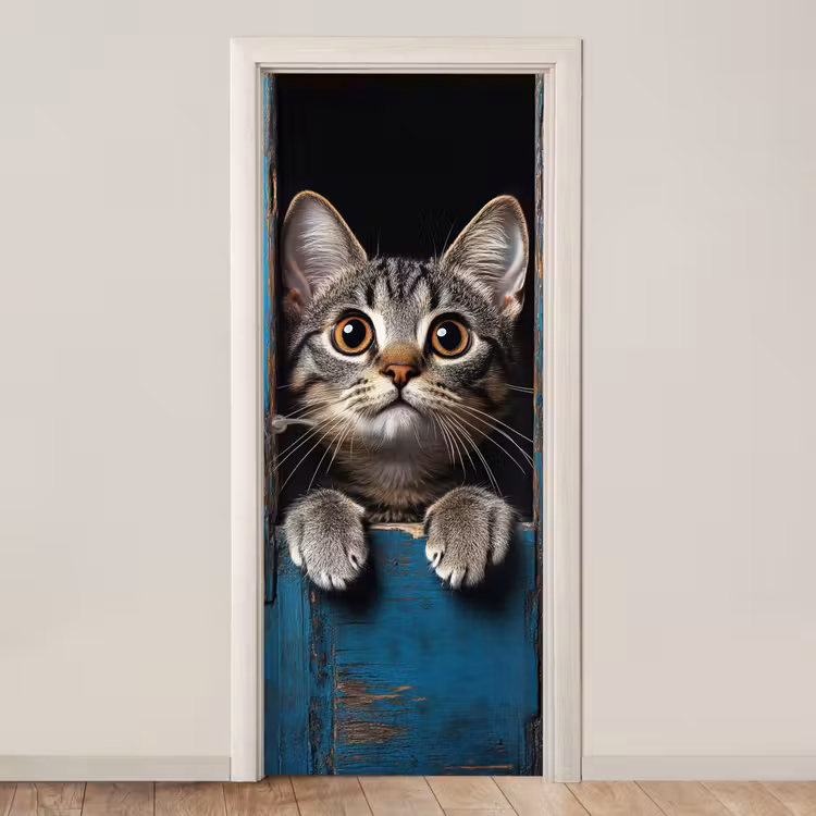 Deursticker - Kat - Doorkijk - Hout - Dieren - Blauw — 1