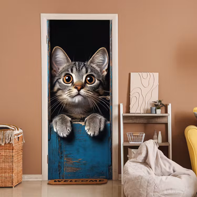 Deursticker - Kat - Doorkijk - Hout - Dieren - Blauw — 2