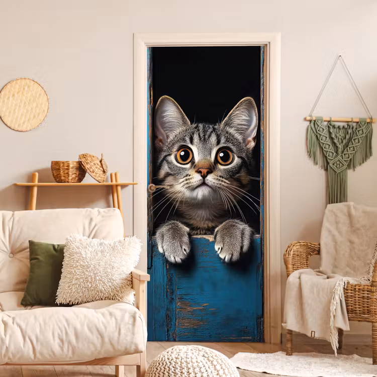 Deursticker - Kat - Doorkijk - Hout - Dieren - Blauw — 4