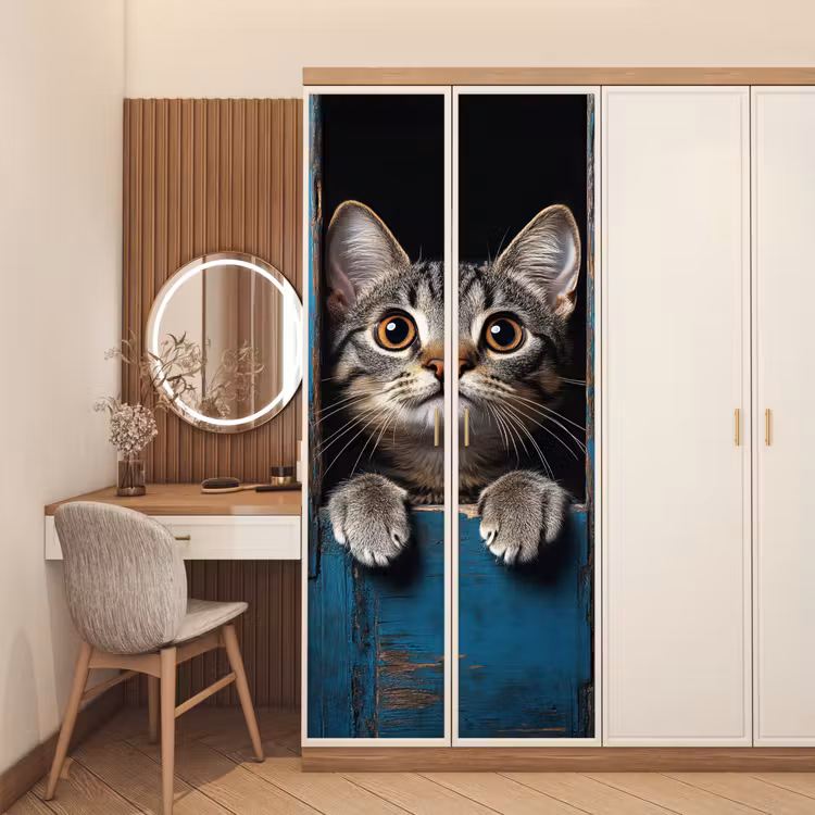 Deursticker - Kat - Doorkijk - Hout - Dieren - Blauw — 5