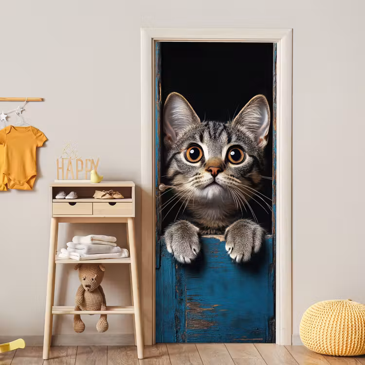 Deursticker - Kat - Doorkijk - Hout - Dieren - Blauw — 6
