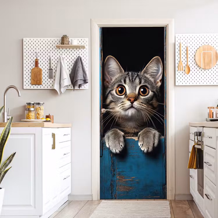 Deursticker - Kat - Doorkijk - Hout - Dieren - Blauw — 7