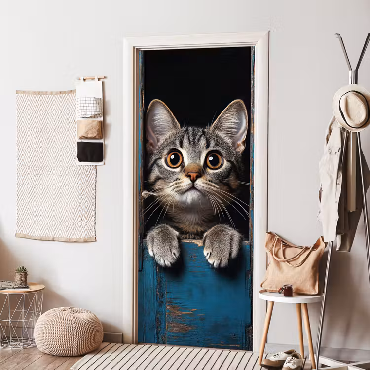 Deursticker - Kat - Doorkijk - Hout - Dieren - Blauw — 8