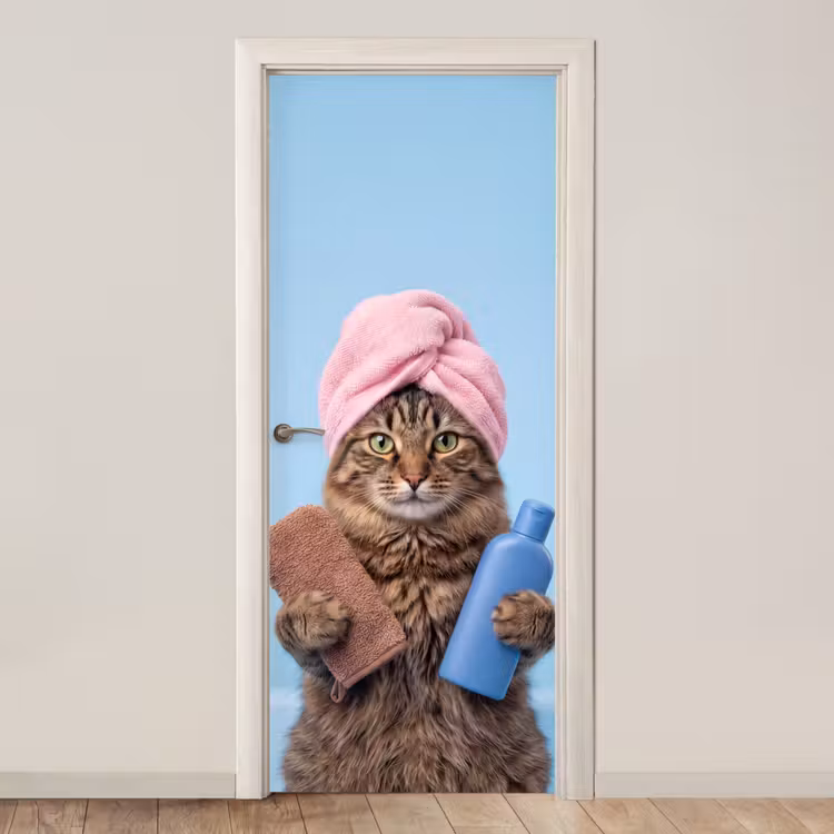 Deursticker - Kat - Handdoek - Washand - Zeep — 1