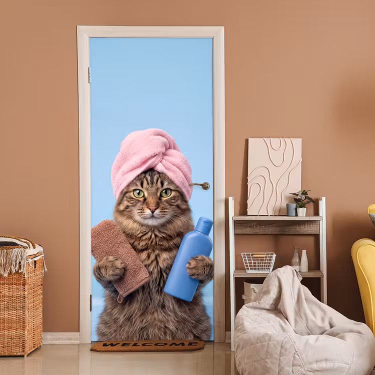 Deursticker - Kat - Handdoek - Washand - Zeep — 2