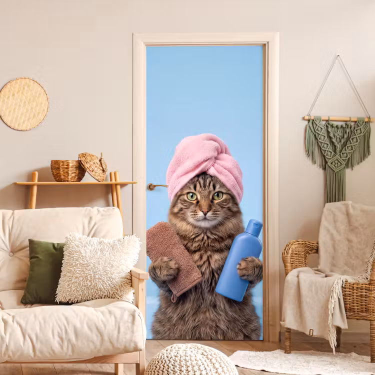 Deursticker - Kat - Handdoek - Washand - Zeep — 4
