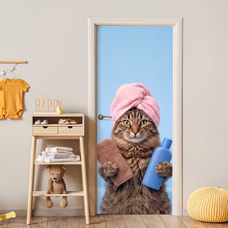 Deursticker - Kat - Handdoek - Washand - Zeep — 6