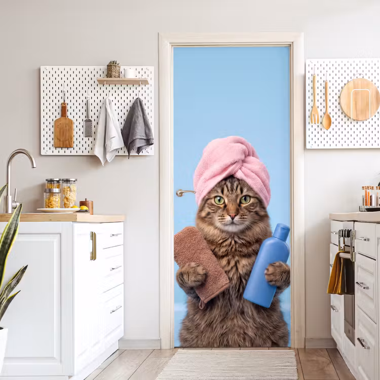 Deursticker - Kat - Handdoek - Washand - Zeep — 7