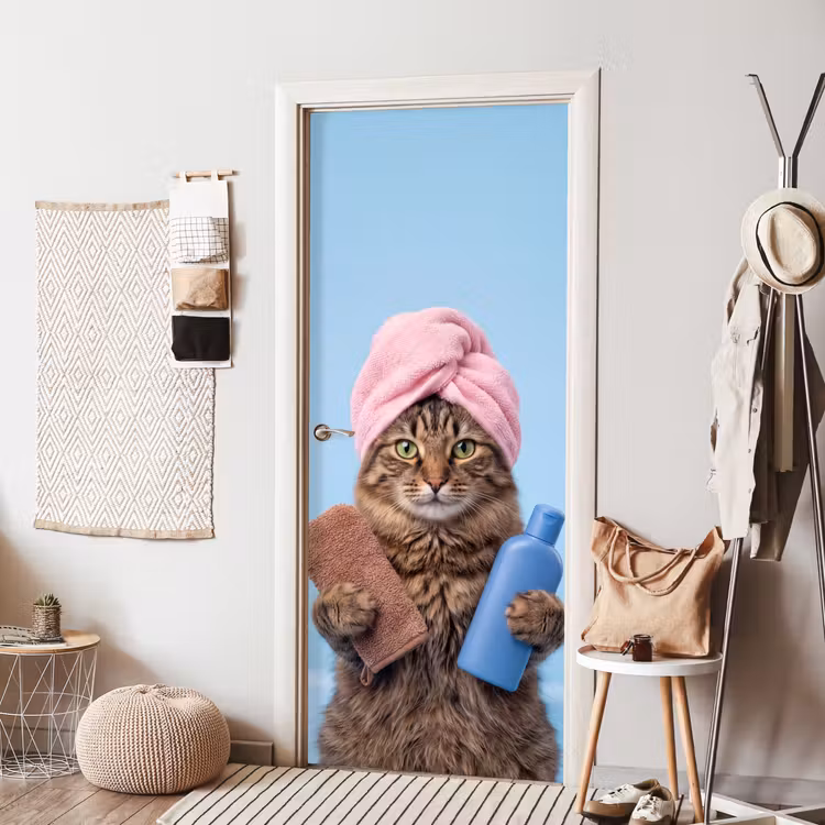 Deursticker - Kat - Handdoek - Washand - Zeep — 8