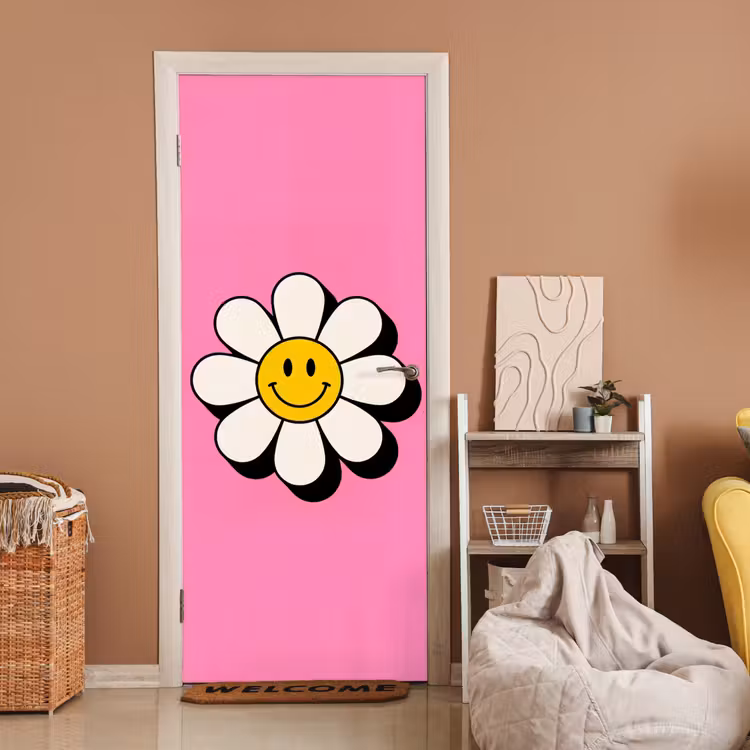 Deursticker - Smiley - Bloem - Roze — 2
