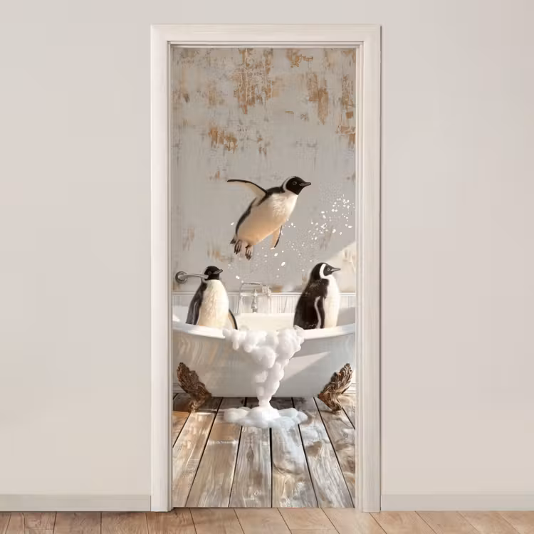 Deursticker - Vintage - Pinguïn - Badkuip - Schuim — 1