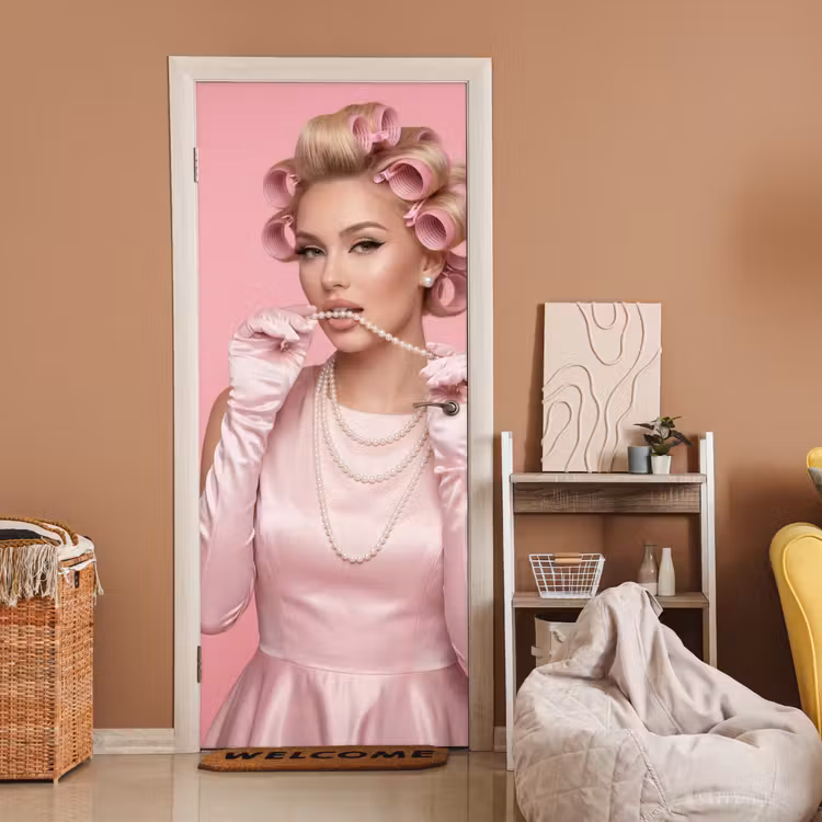 Deursticker - Vrouw - Roze - Parelketting - Krulspelden — 2
