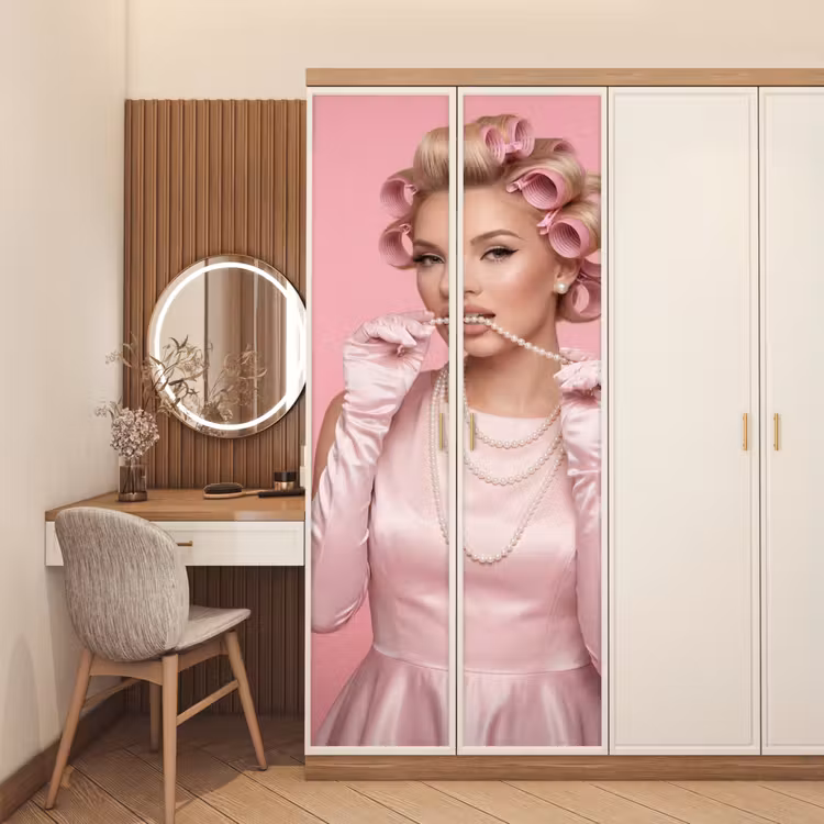 Deursticker - Vrouw - Roze - Parelketting - Krulspelden — 5