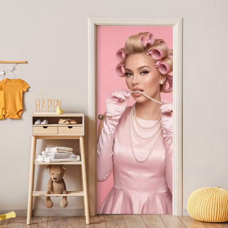 Deursticker - Vrouw - Roze - Parelketting - Krulspelden — 6