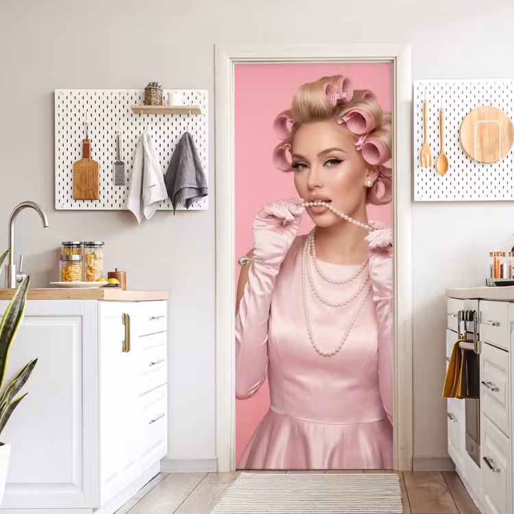 Deursticker - Vrouw - Roze - Parelketting - Krulspelden — 7