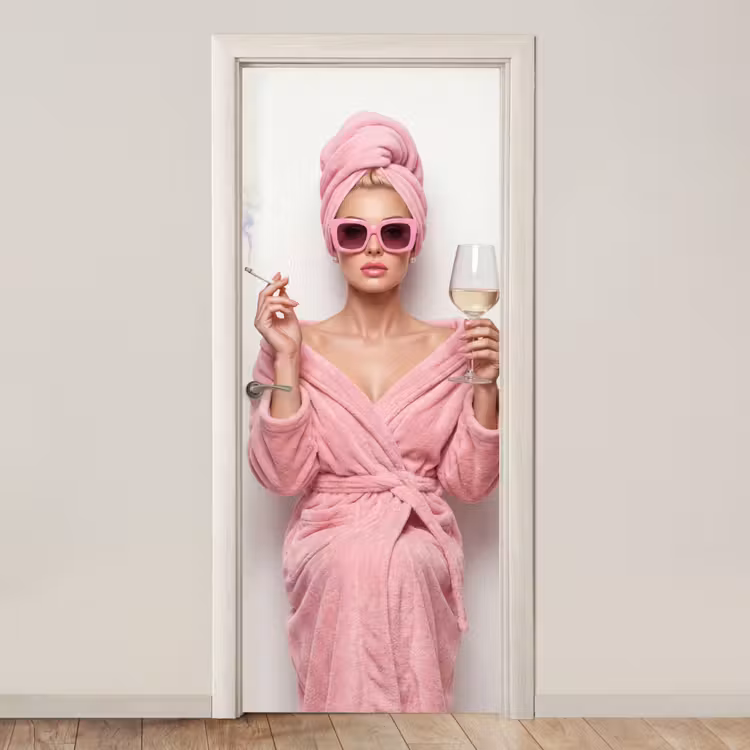 Deursticker - Vrouw - Roze - Wijn - Zonnebril — 1