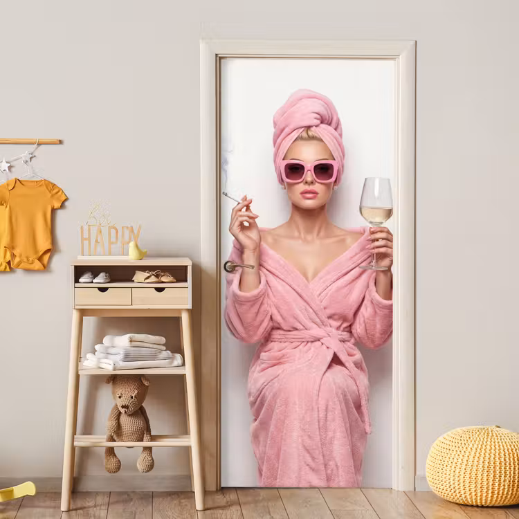 Deursticker - Vrouw - Roze - Wijn - Zonnebril — 6