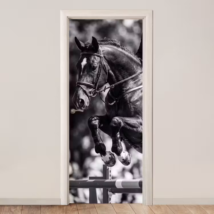 Deursticker - Springen - Paard - Zwart - Wit — 1