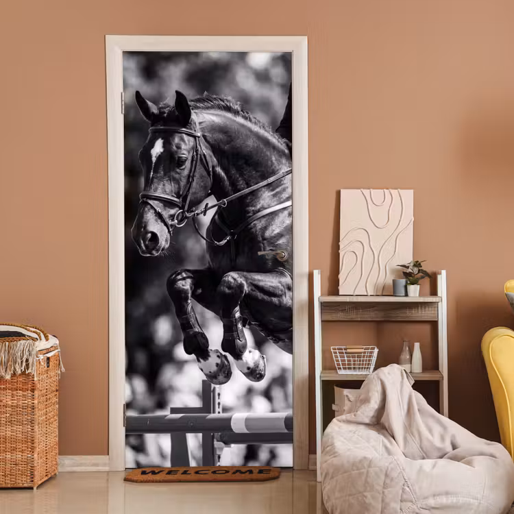 Deursticker - Springen - Paard - Zwart - Wit — 2