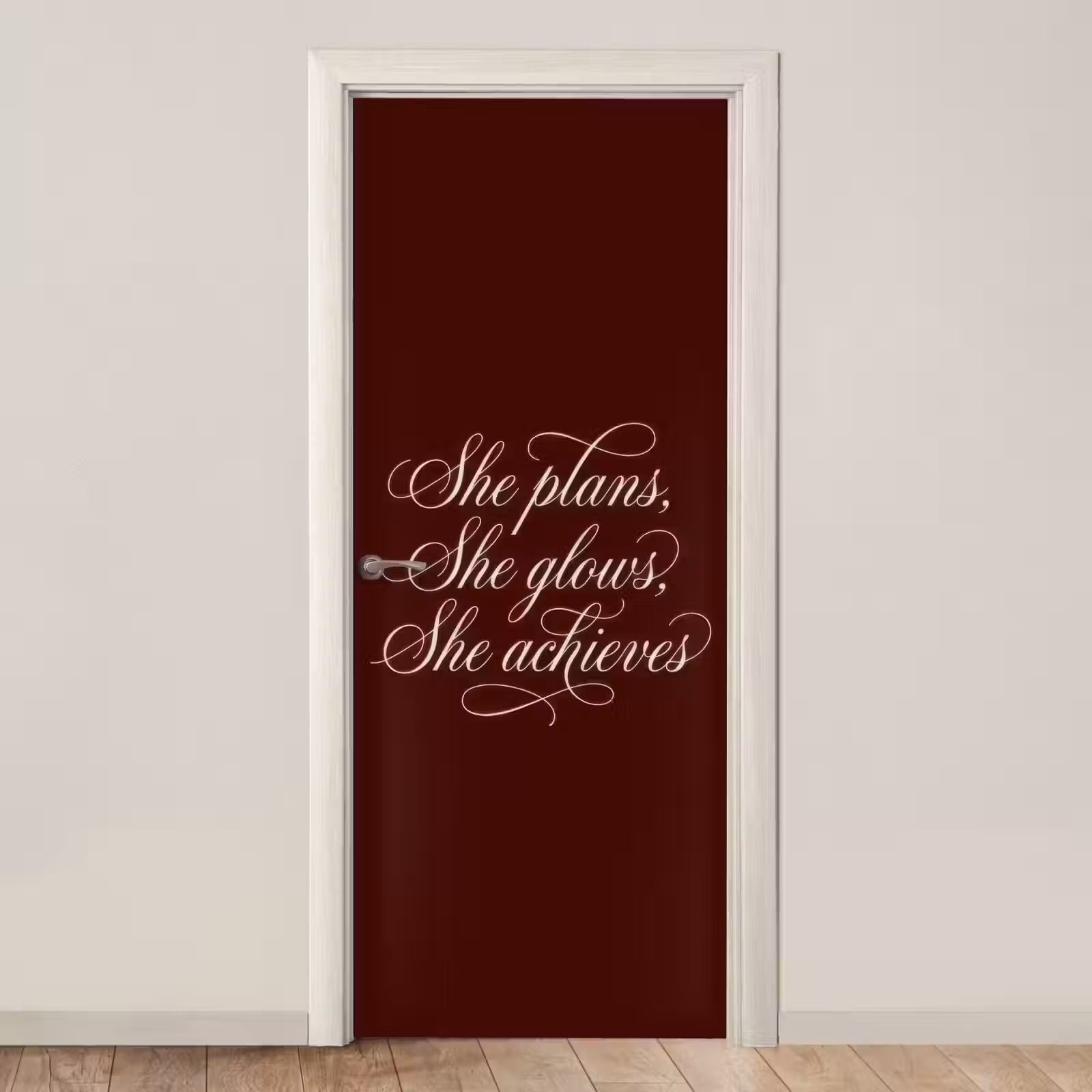 Deursticker - She plans she glows she achieves - Rood - Cursief — 1