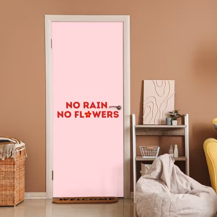 Deursticker - No rain no flowers - Minimalistisch - Roze - Bloem — 2