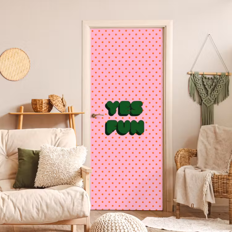 Deursticker - Yes fun - Groen - Roze - Stippen — 4