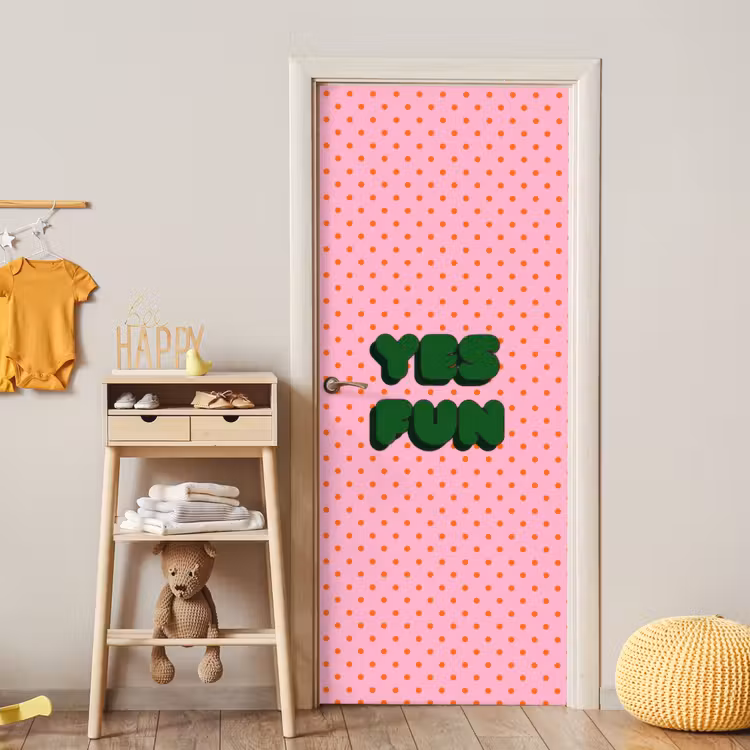 Deursticker - Yes fun - Groen - Roze - Stippen — 6