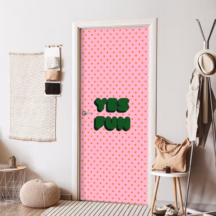 Deursticker - Yes fun - Groen - Roze - Stippen — 8