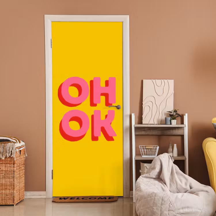 Deursticker - Oh ok - 3D - Geel - Roze — 2