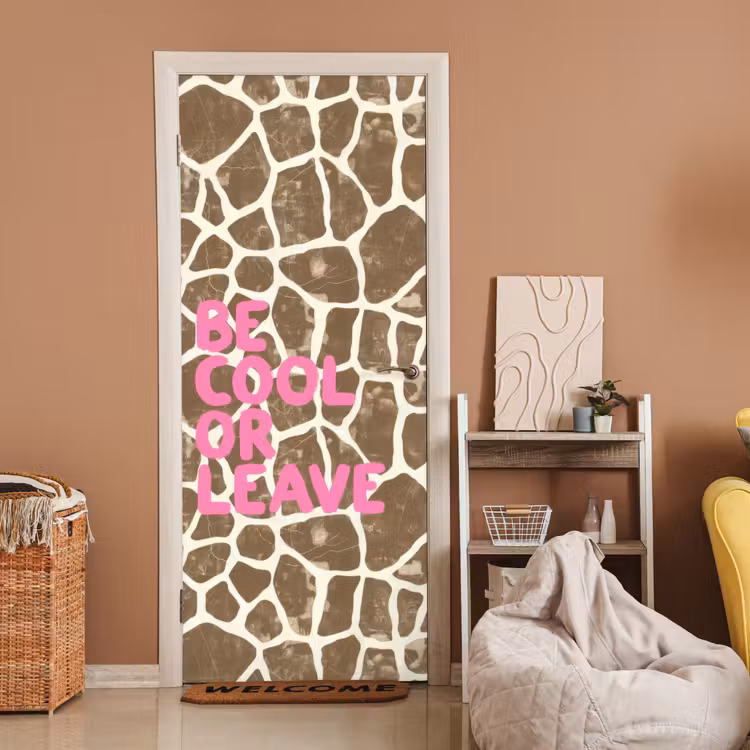 Deursticker - Tekst - Be cool or leave - Roze - Giraffenprint — 2