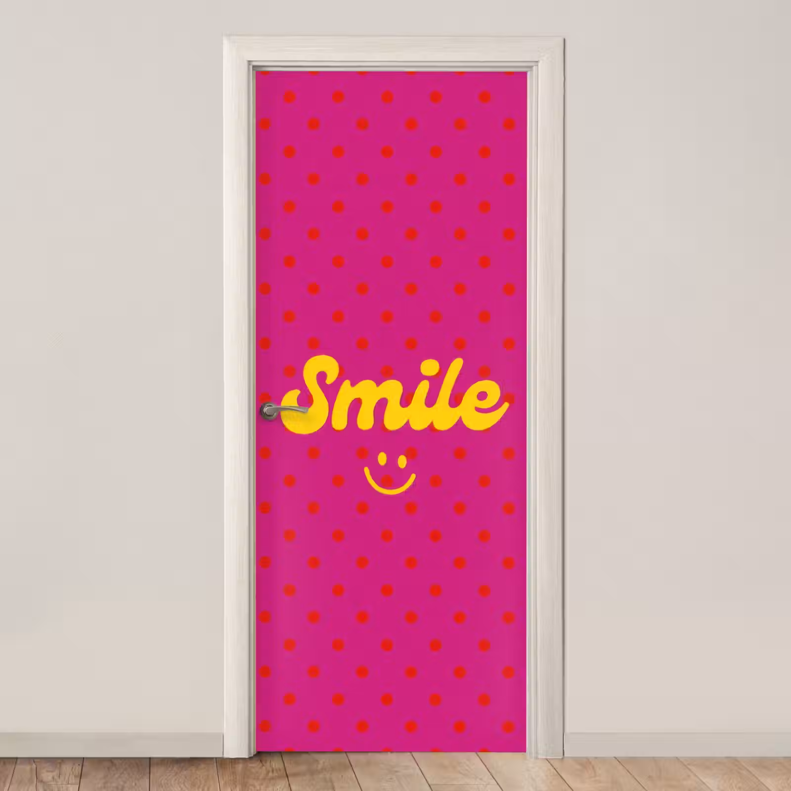 Deursticker - Smile - Stippen - Geel - Smiley - Roze — 1