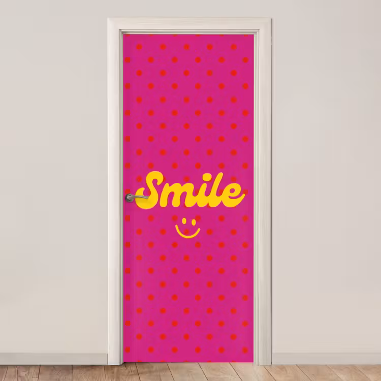 Deursticker - Smile - Stippen - Geel - Smiley - Roze — 1