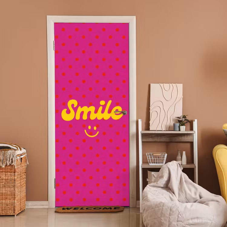 Deursticker - Smile - Stippen - Geel - Smiley - Roze — 2