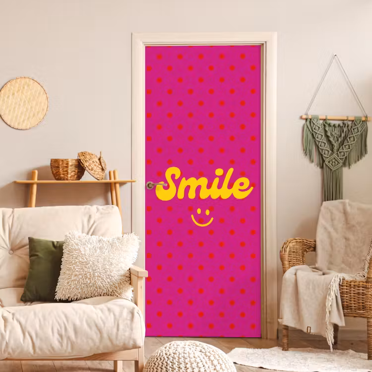 Deursticker - Smile - Stippen - Geel - Smiley - Roze — 4